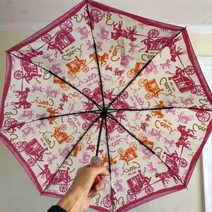 Share Y2K COACH Umbrella Pink Orange Carriage Horse Signature push button fold u